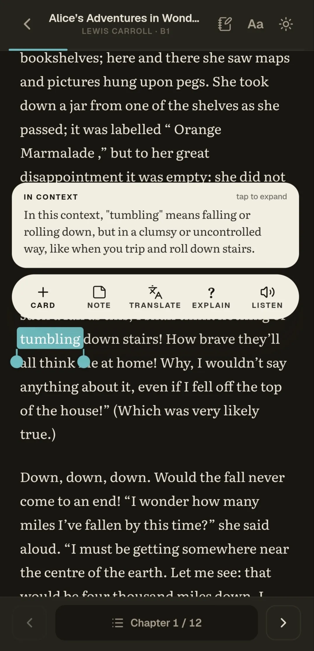 A popup explaining a phrase in the context of the page