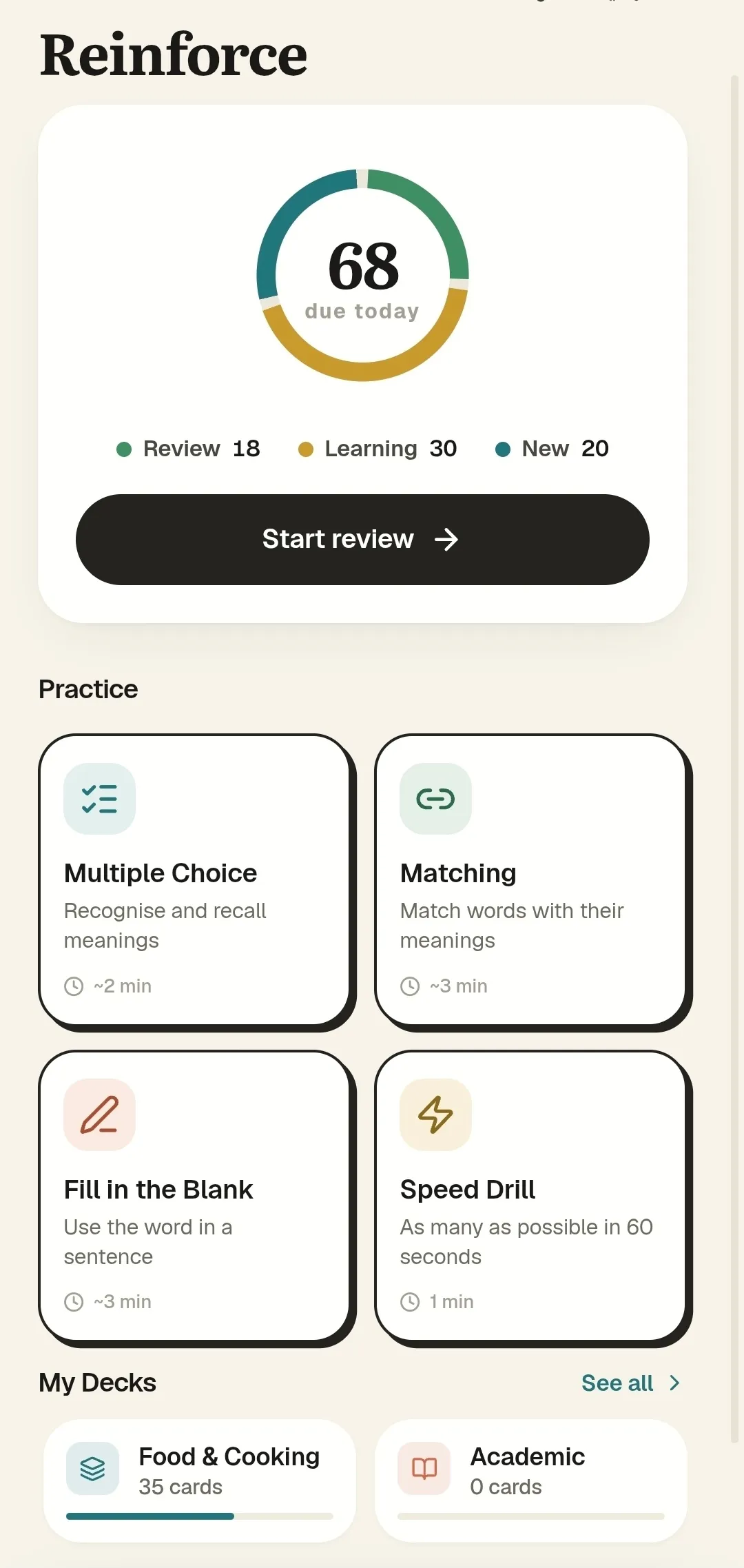 The Reinforce hub listing the multiple choice, matching, fill-in-the-blank and speed drills